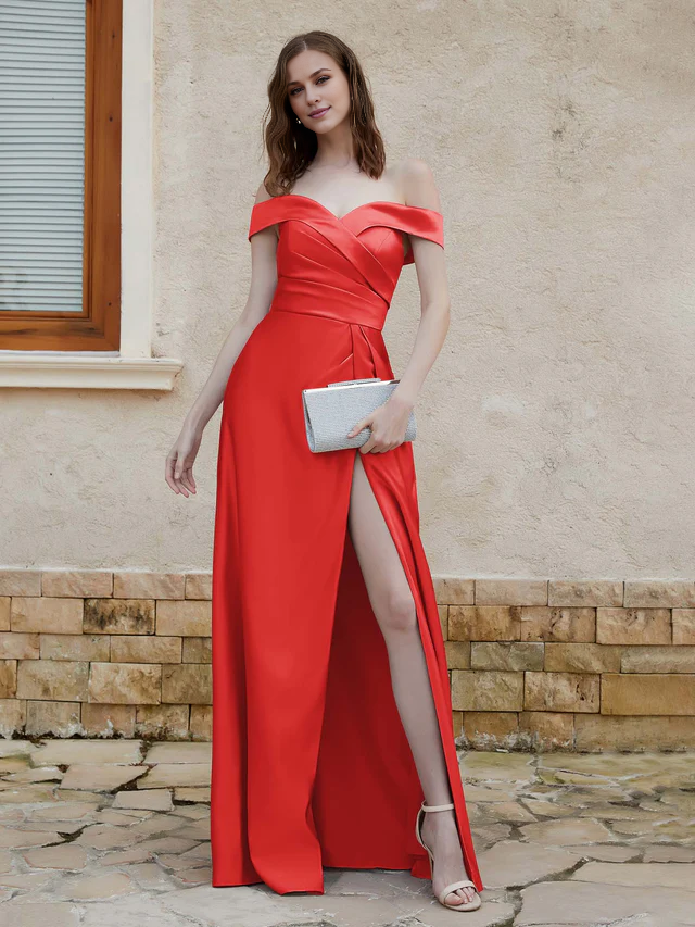 Chiffon Off-Shoulder Sweetheart Neckline Ruched Bodice High-Slit A-Line Floor-Length Bridesmaid Dresses