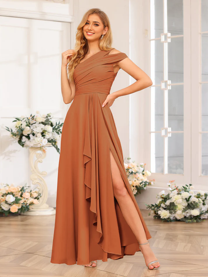Chiffon One-Shoulder Short Sleeve Ruched Bodice Ruffled High-Slit A-Line Floor-Length Champagne Bridesmaid Dresses