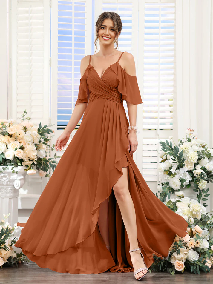 Chiffon Cold-Shoulder Spaghetti-Strap Ruched Bodice High-Low Floor-Length Romantic Bridesmaid Dress