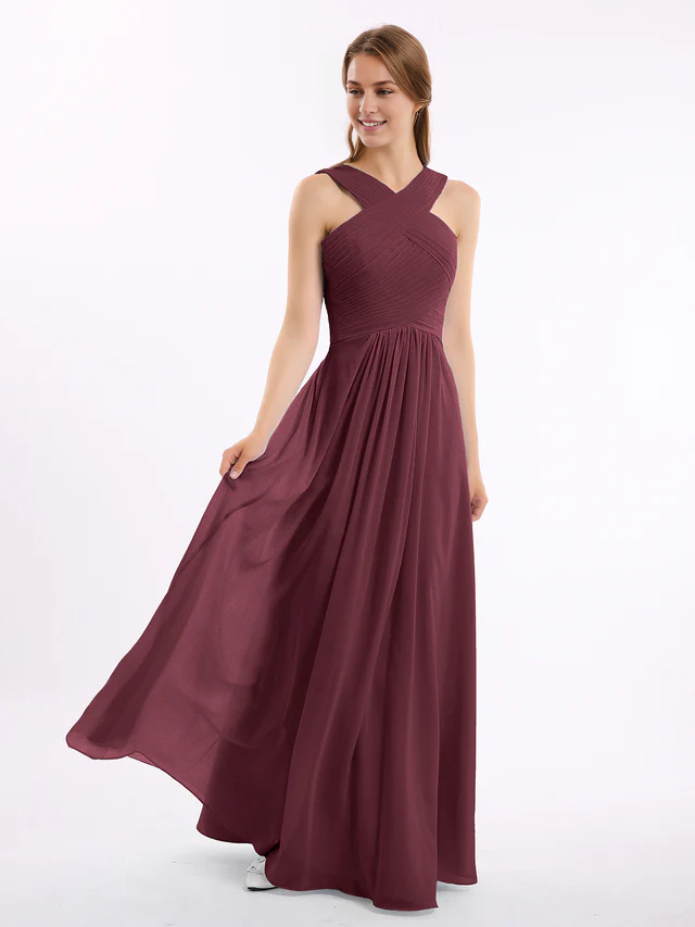 Chiffon Cross-Back Sleeveless Ruched Bodice A-Line Floor-Length Bridesmaid Dresses
