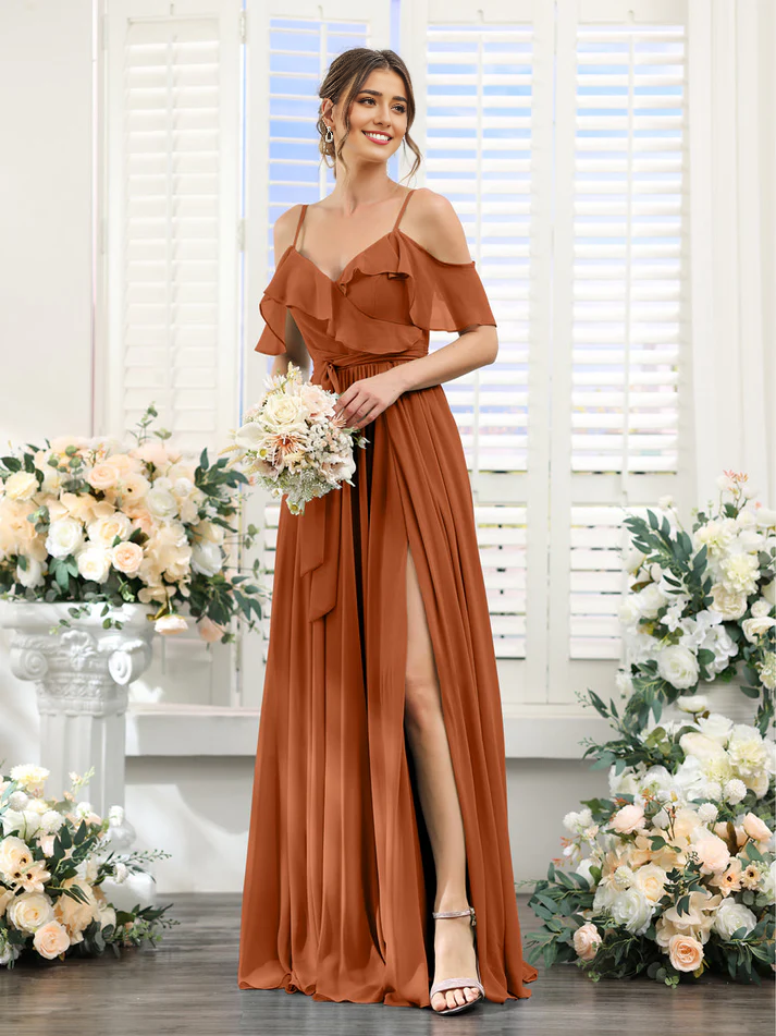 Chiffon Off-the-Shoulder Short-Sleeve Ruched Bodice High-Slit A-Line Floor-Length Elegant Bridesmaid Dress