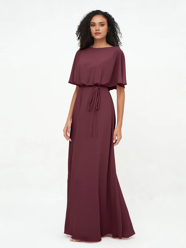 Chiffon Short-Sleeve Boat Neck Tie-Waist A-Line Floor-Length Bridesmaid Dresses