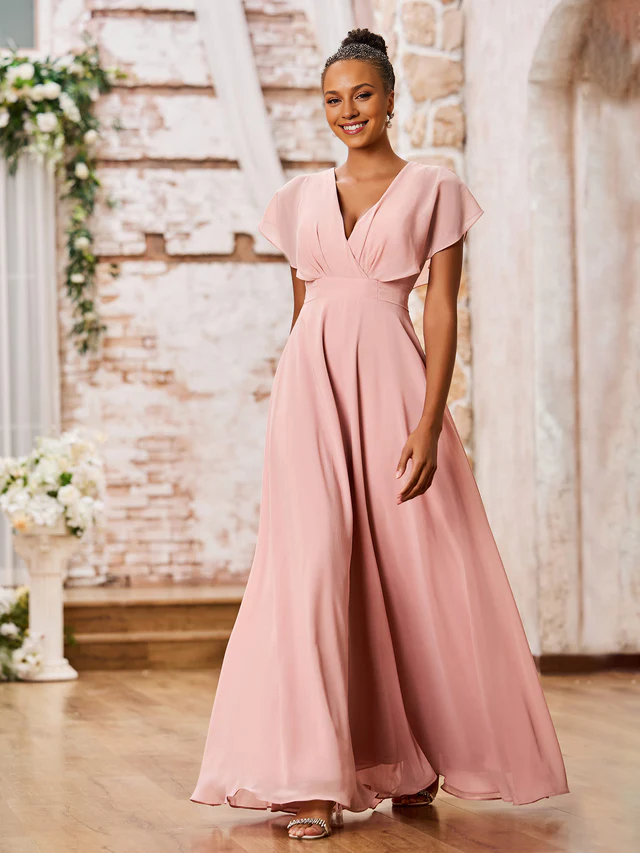 Chiffon Flutter-Sleeve V-Neck Ruched Bodice A-Line Floor-Length Bridesmaid Dresses