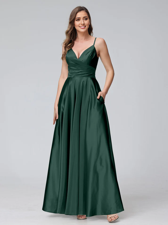 Satin Spaghetti-Strap Sweetheart Neckline Ruched Side A-Line Floor-Length Elegant Bridesmaid Dress
