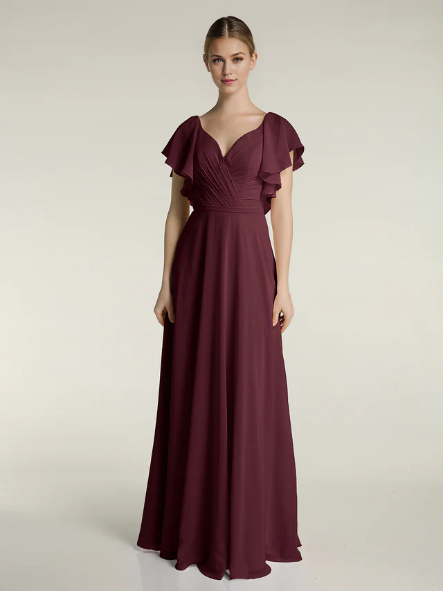 Chiffon Flutter-Sleeve V-Neck Ruched Bodice A-Line Floor-Length Bridesmaid Dresses
