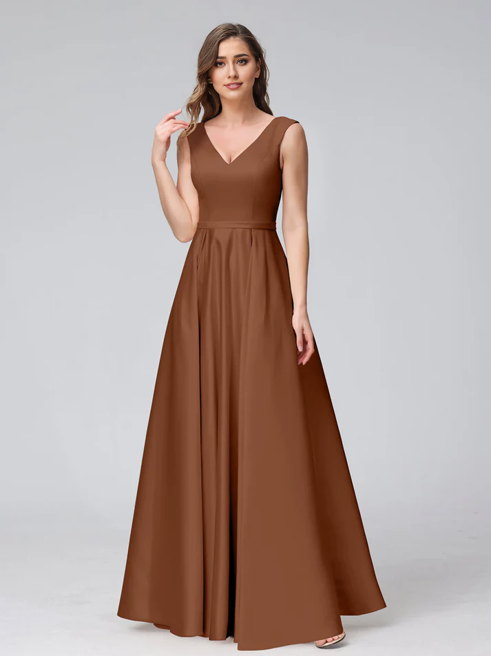 Satin V-Neck Sleeveless A-Line Floor-Length Elegant Bridesmaid Dress