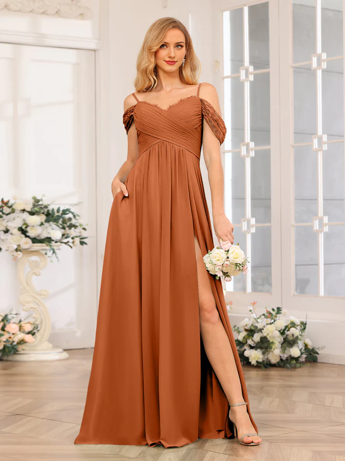 Chiffon Off-Shoulder Sweetheart Neckline Pocketed Bodice High-Slit A-Line Floor-Length Sage Green Bridesmaid Dresses