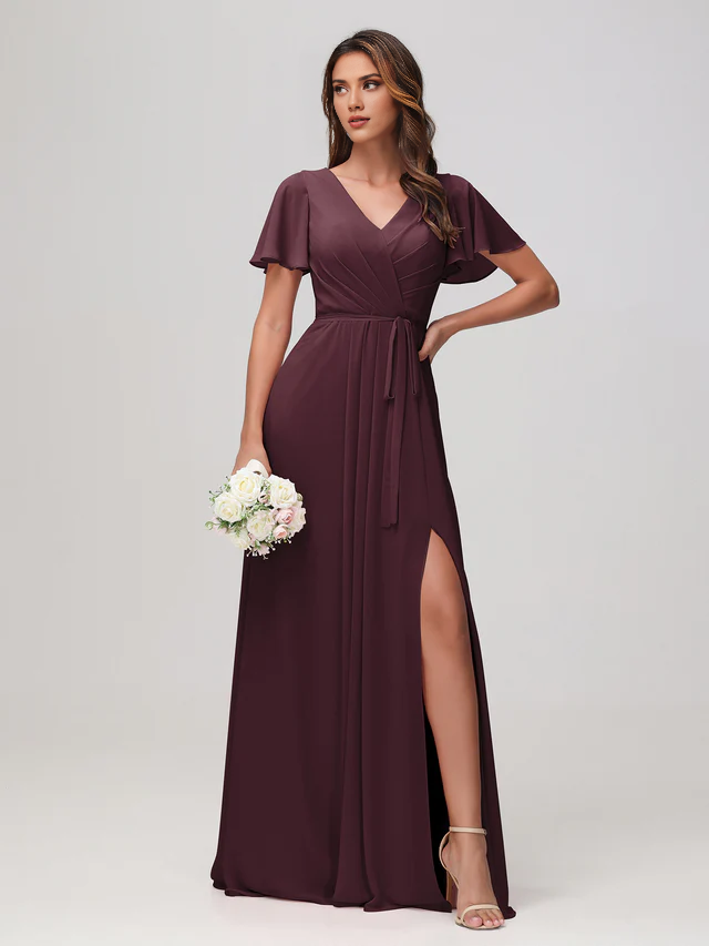 Chiffon Short-Sleeve V-Neck Ruched Bodice High-Slit A-Line Floor-Length Bridesmaid Dresses