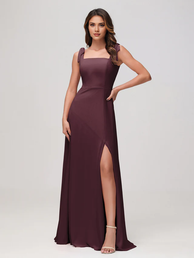 Satin Square Neck Spaghetti-Strap Ruched Bodice High-Slit Sheath Floor-Length Bridesmaid Dresses
