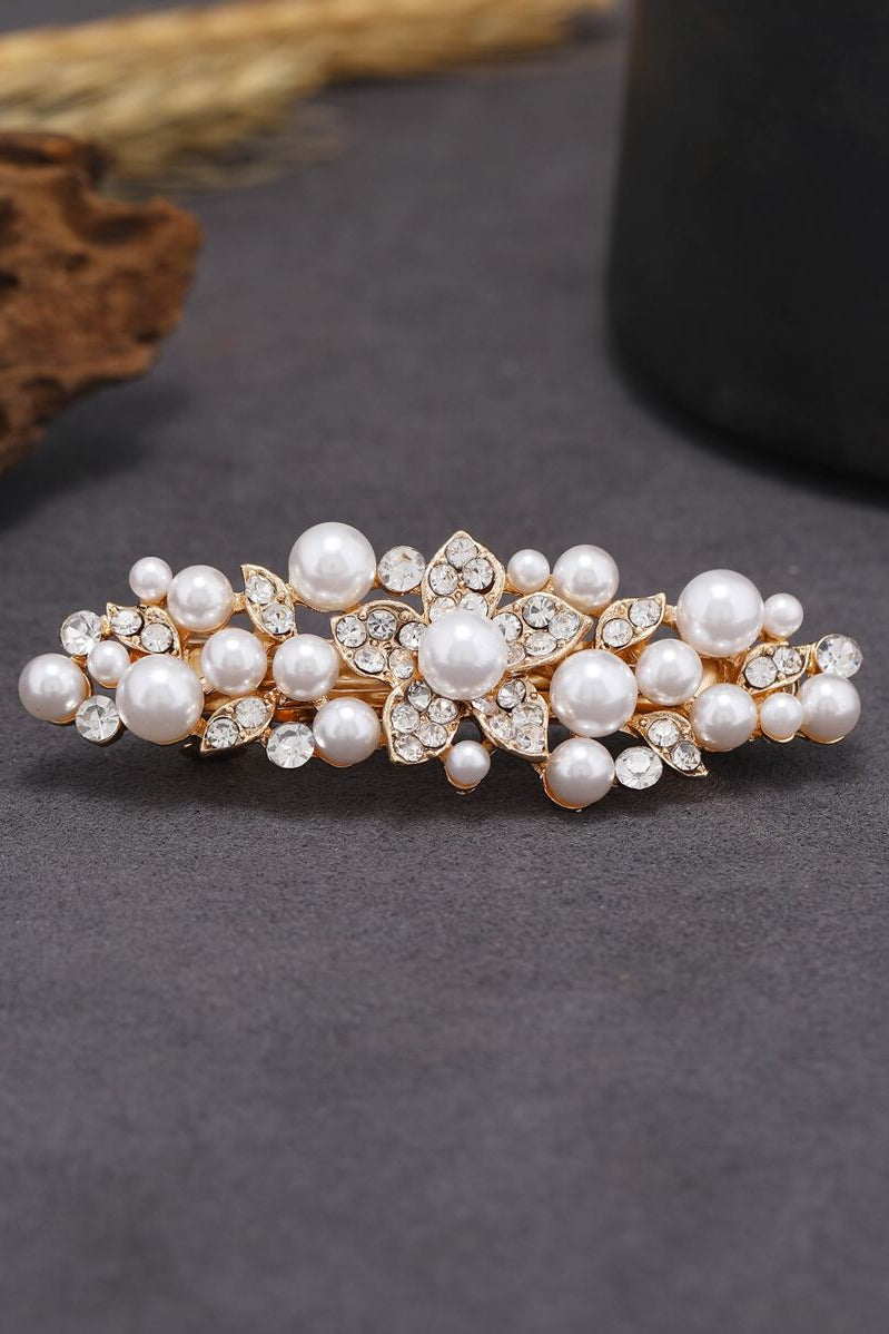 Pearl Rhinestone Gold Leaf Bridal Hair Barrette Wedding Hair Clip