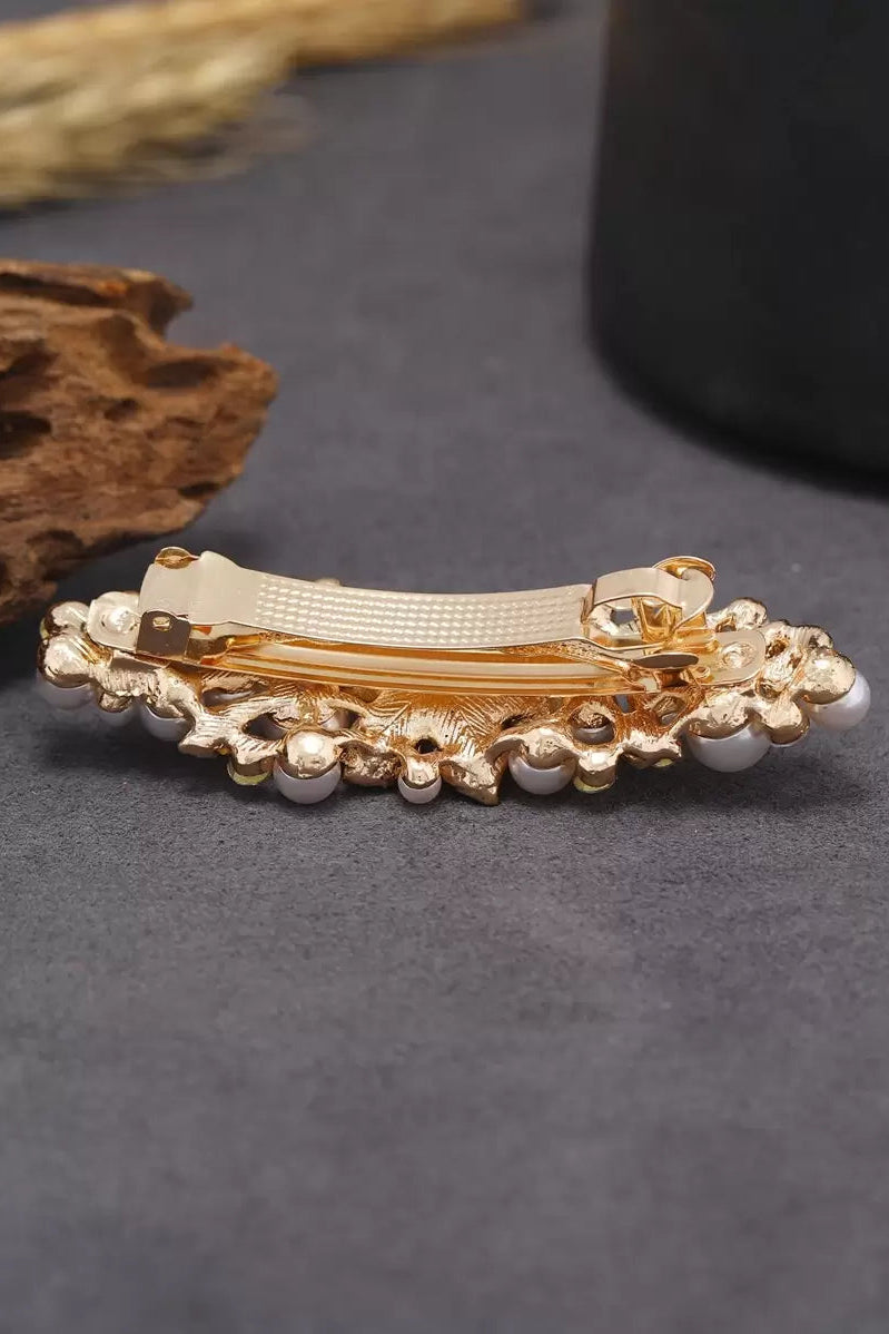 Pearl Rhinestone Gold Leaf Bridal Hair Barrette Wedding Hair Clip