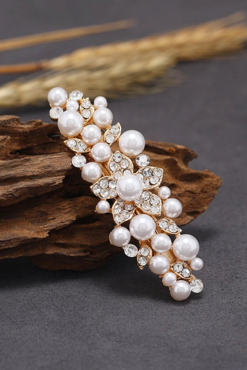 Pearl Rhinestone Gold Leaf Bridal Hair Barrette Wedding Hair Clip