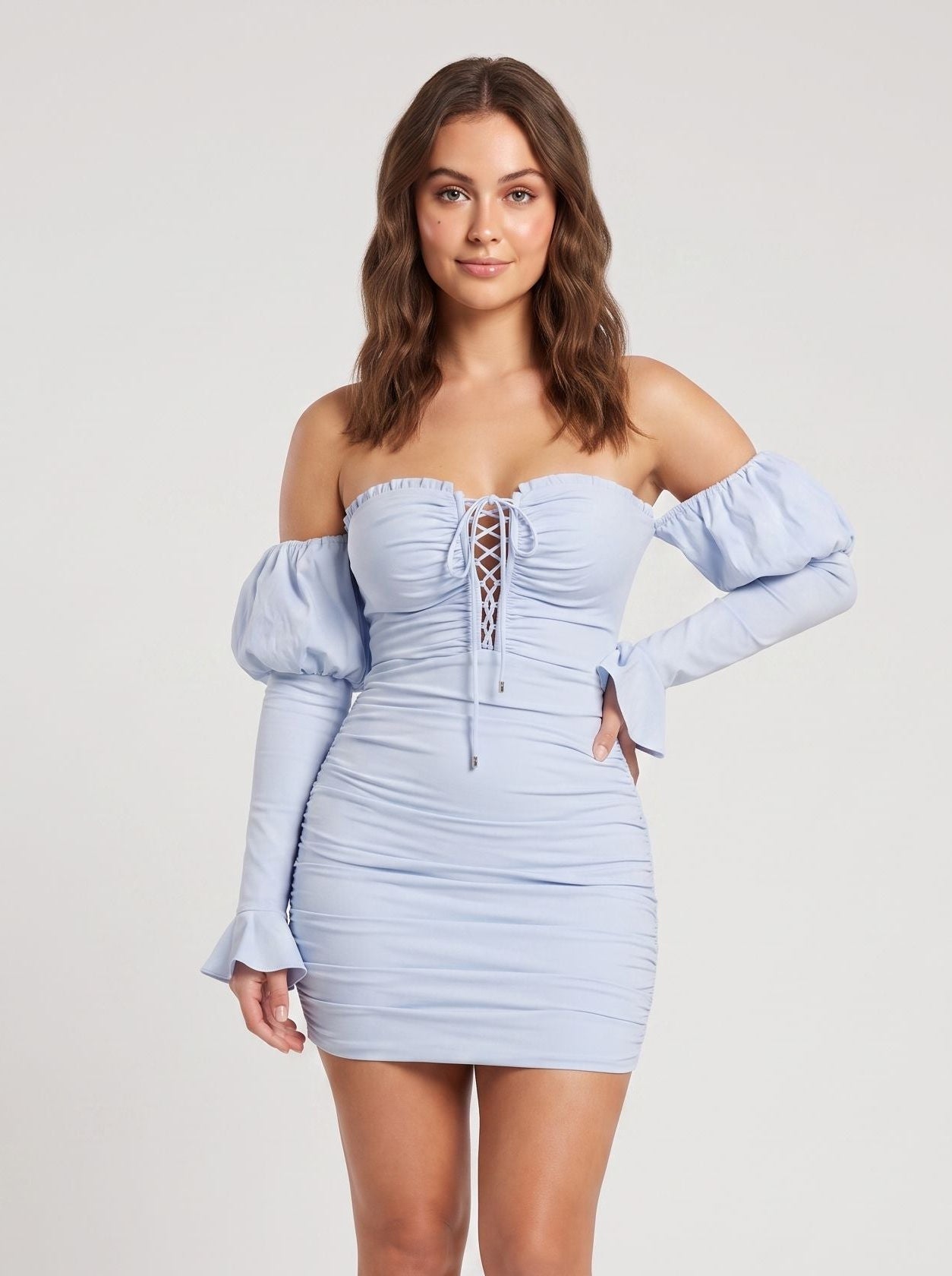 Mist Stretch Knit Sheath Off-the-Shoulder Lace-up Short Dress with Corset Detail