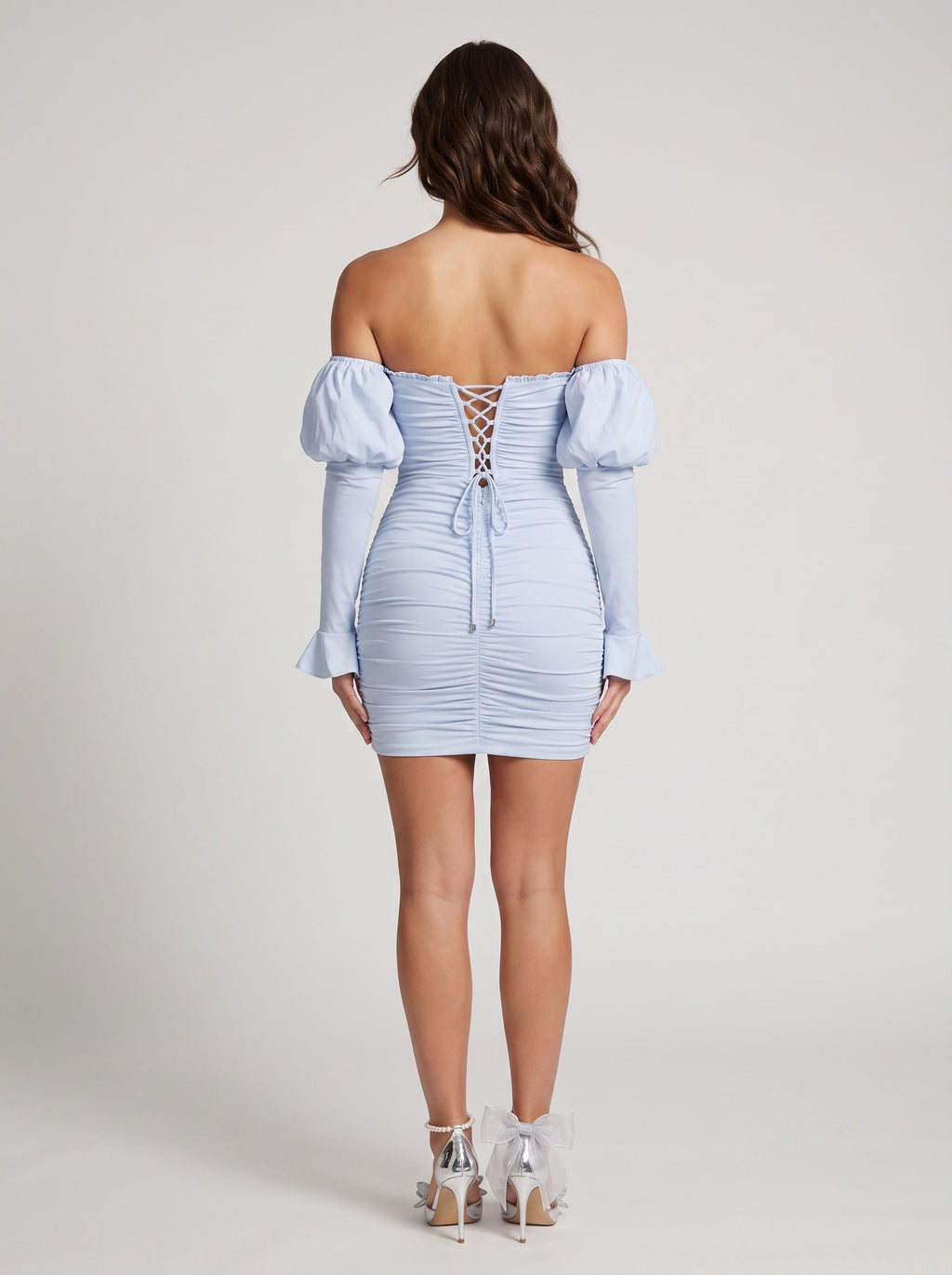 Mist Stretch Knit Sheath Off-the-Shoulder Lace-up Short Dress with Corset Detail
