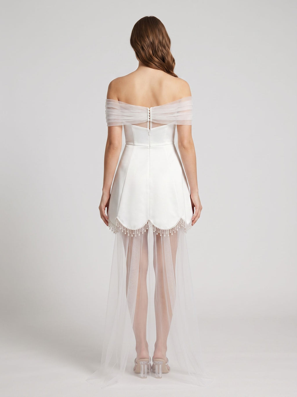 White Satin Tulle A-Line Off-the-Shoulder Illusion Mini Dress with Bead-Trimmed Hem