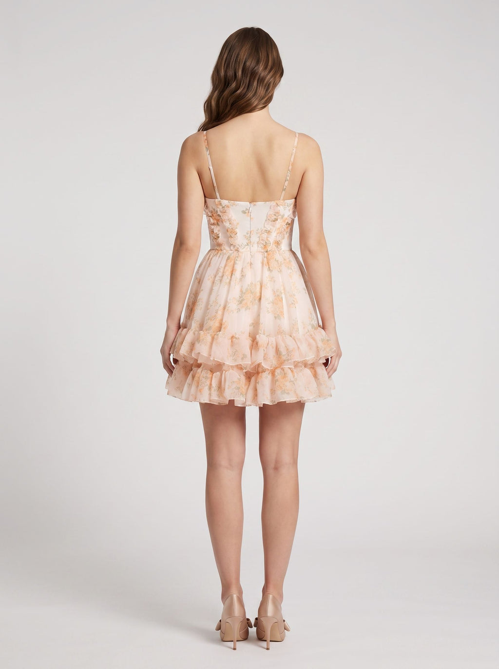 Orange Floral Chiffon A-Line Sweetheart Back Zip Short Dress with Tiered Ruffles