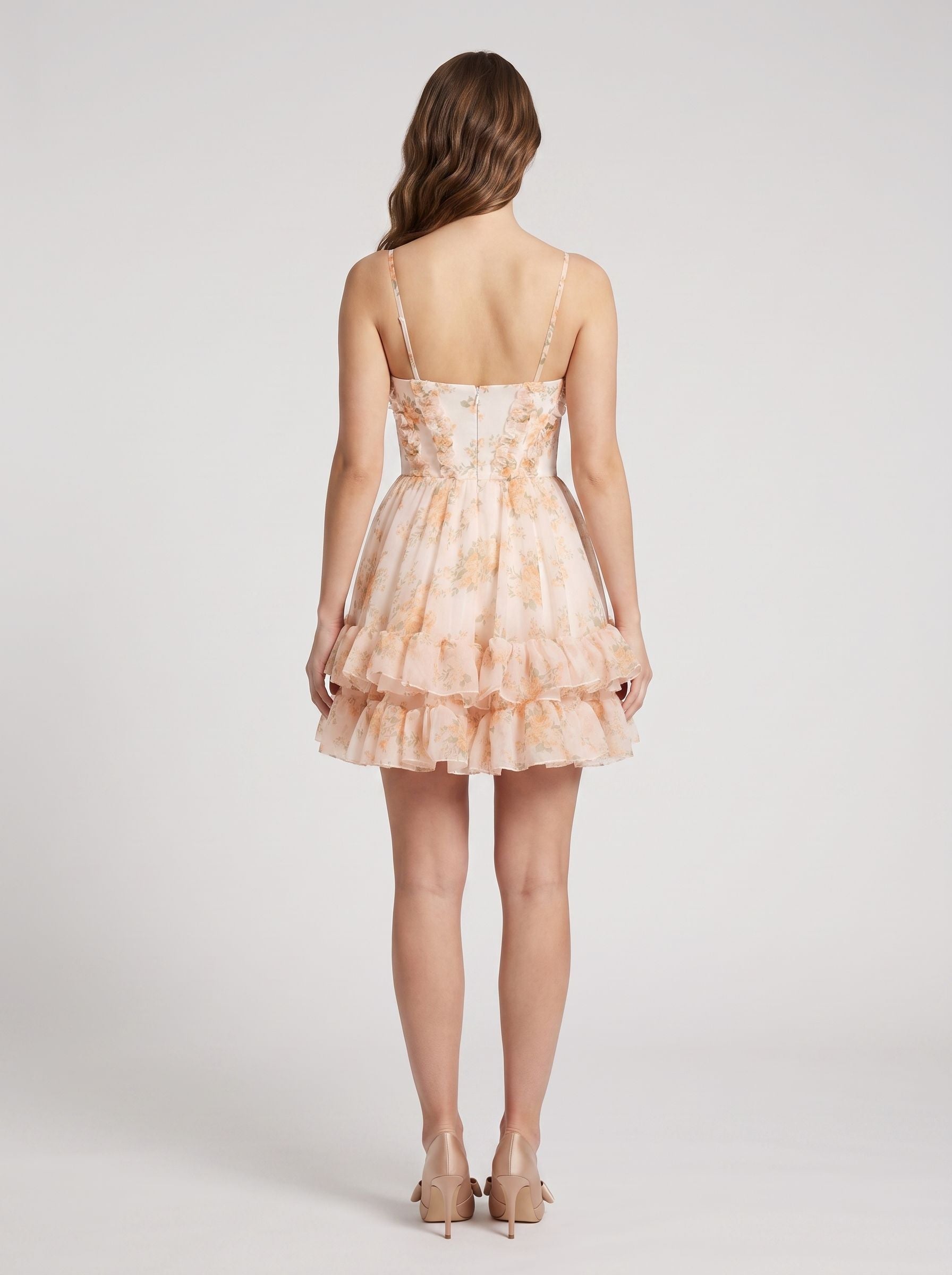 Orange Floral Chiffon A-Line Sweetheart Back Zip Short Dress with Tiered Ruffles