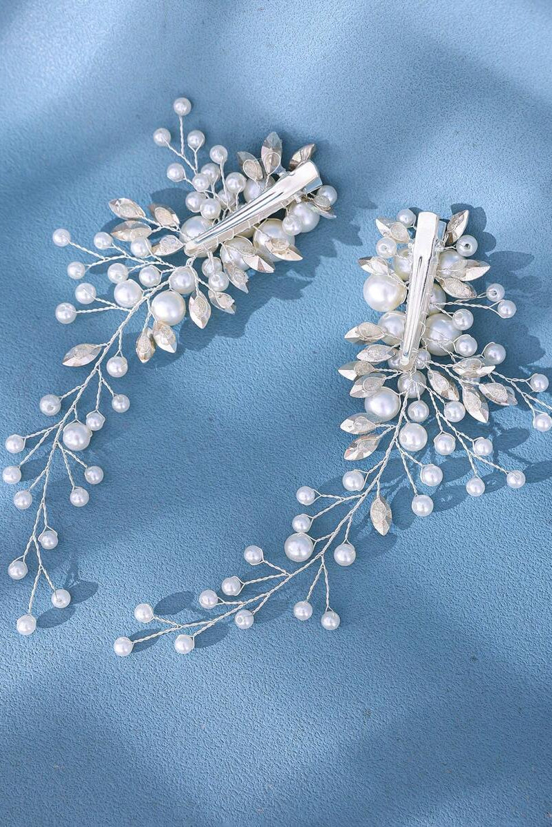 Pair Pearl Crystal Vine Bridal Hair Clips Wedding Side Hair Barrettes