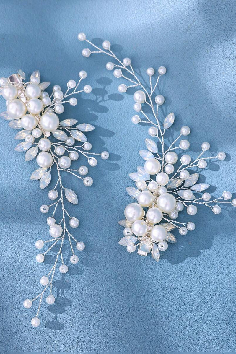 Pair Pearl Crystal Vine Bridal Hair Clips Wedding Side Hair Barrettes