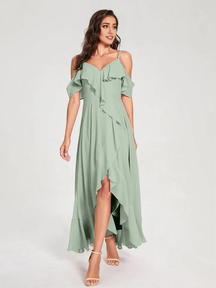 Chiffon Cold-Shoulder Spaghetti-Strap High-Slit Asymmetrical Floor-Length Stylish Bridesmaid Dress