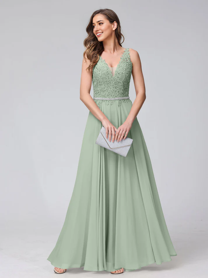 Chiffon Spaghetti-Strap V-Neck Embellished Bodice A-Line Floor-Length Elegant Bridesmaid Dress