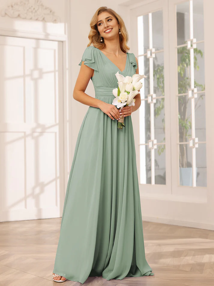 Chiffon Short-Sleeve V-Neck Ruched Bodice High-Slit A-Line Floor-Length Versatile Bridesmaid Dress
