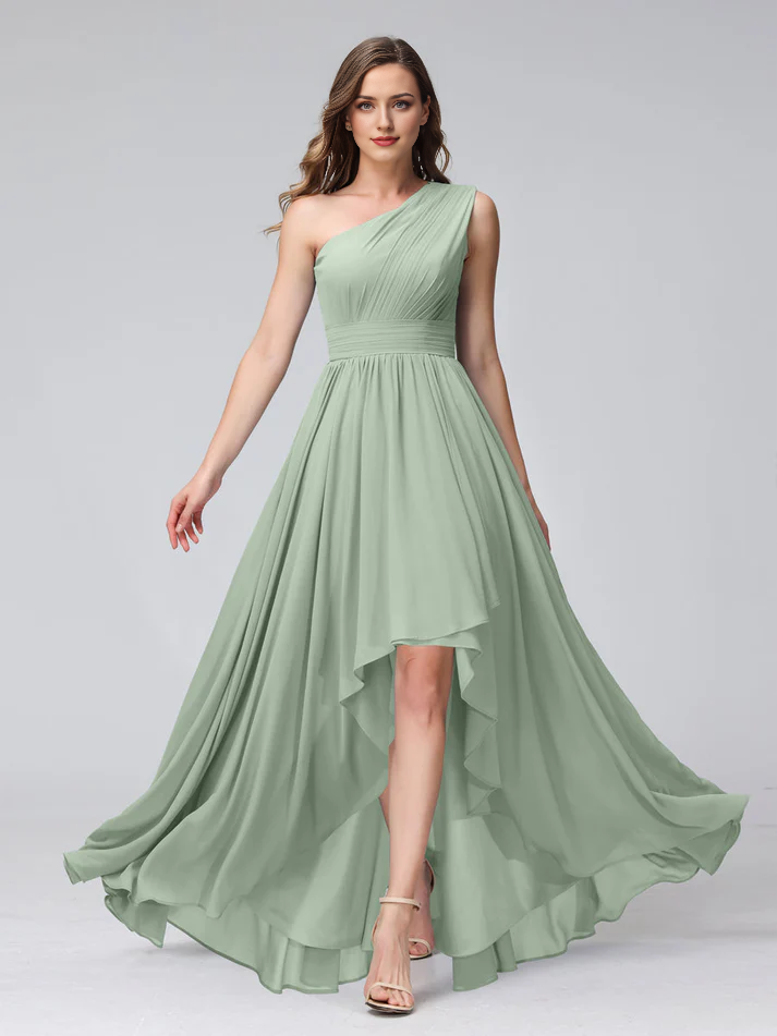 Chiffon One-Shoulder Ruched Bodice Asymmetrical High-Low A-Line Floor-Length Dusty Blue Bridesmaid Dresses