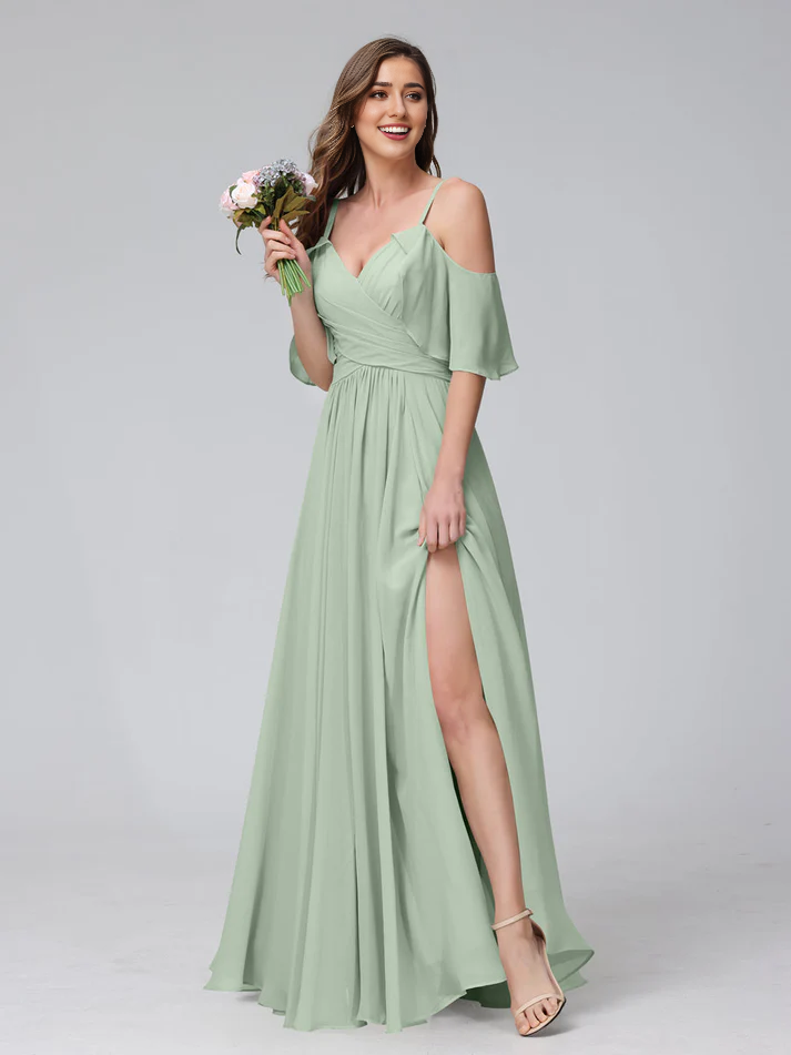 Chiffon Cold-Shoulder V-Neck Ruched Bodice High-Slit A-Line Floor-Length Romantic Bridesmaid Dress