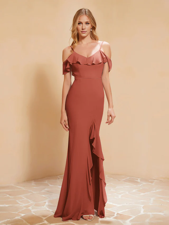 Chiffon Off-Shoulder Ruffled Bodice Sheath High-Slit Floor-Length Bridesmaid Dresses