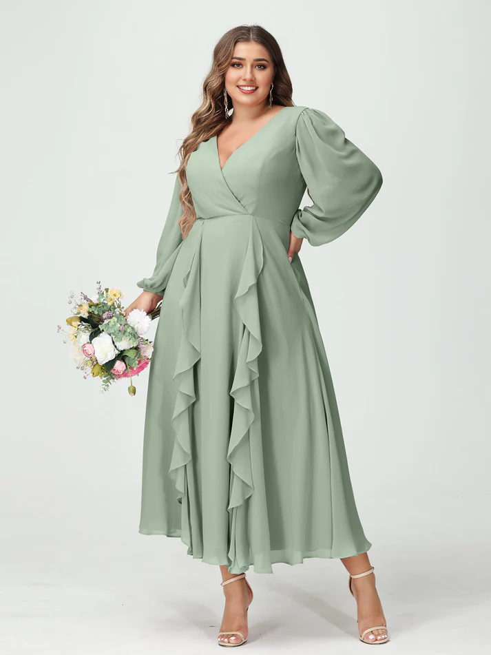 Chiffon Long-Sleeve V-Neck Ruffled Wrap Bodice High-Low A-Line Floor-Length Elegant Bridesmaid Dress