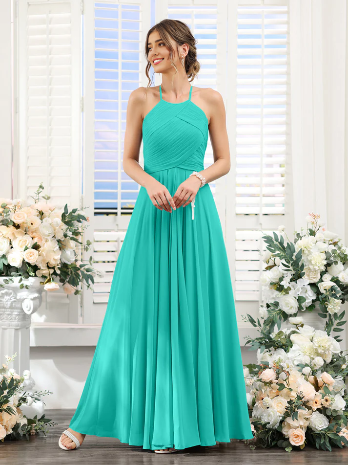Chiffon Halter Neck Ruched Bodice A-Line Floor-Length Elegant Bridesmaid Dress