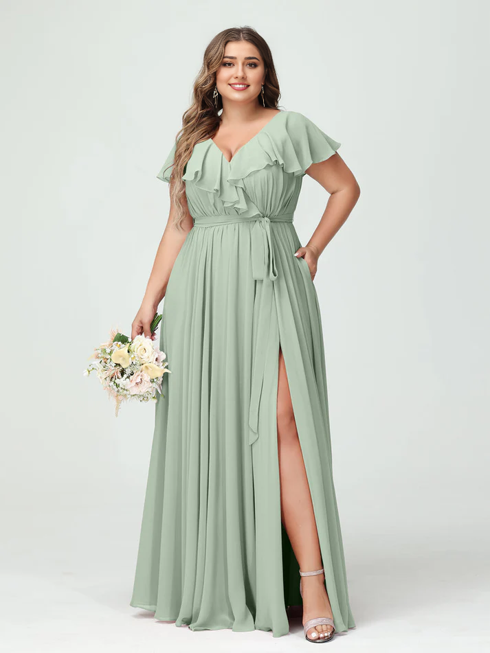 Chiffon Flutter-Sleeve V-Neck Pleated Bodice High-Slit A-Line Floor-Length Romantic Bridesmaid Dress