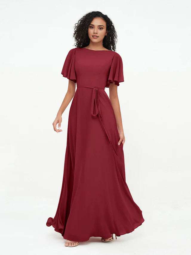 Chiffon Short-Sleeve Boat Neck Tie-Waist A-Line Floor-Length Bridesmaid Dresses