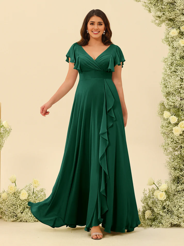 Chiffon Ruffle V-neck Short sleeved Bridesmaid Dress