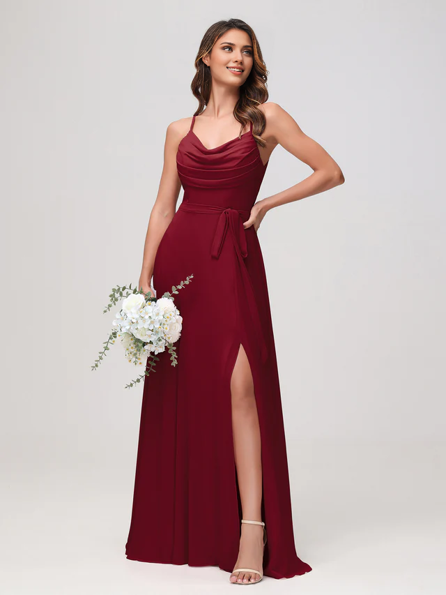 Chiffon Spaghetti-Strap Sweetheart Neckline Ruched Bodice High-Slit A-Line Floor-Length Bridesmaid Dresses