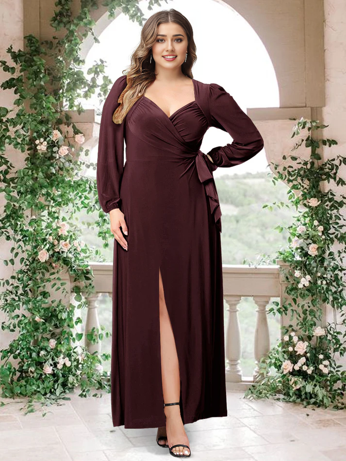 Satin Long-Sleeve Sweetheart Neckline Ruched Bodice High-Slit Sheath Floor-Length Luxe Bridesmaid Dress
