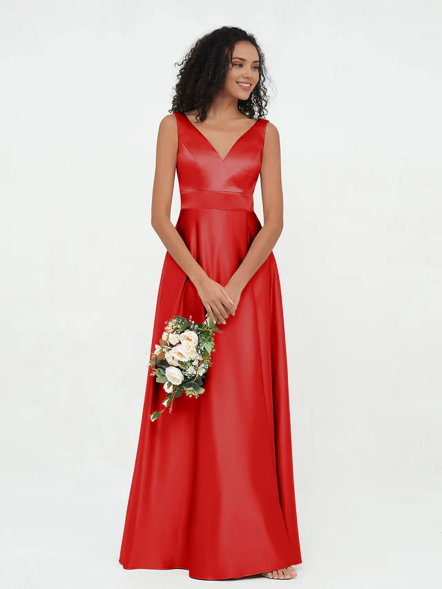 Satin Spaghetti-Strap Deep V-Neck A-Line Floor-Length Bridesmaid Dresses