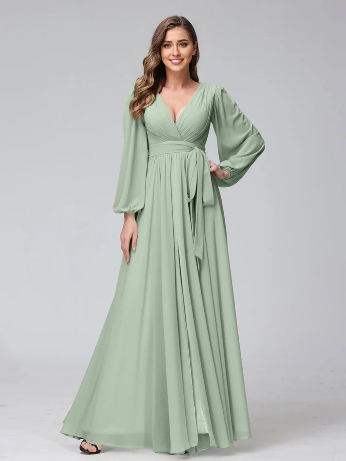 Chiffon Long-Sleeve Deep V-Neck Self-Tie Waist A-Line Floor-Length Soft Mint Bridesmaid Dresses
