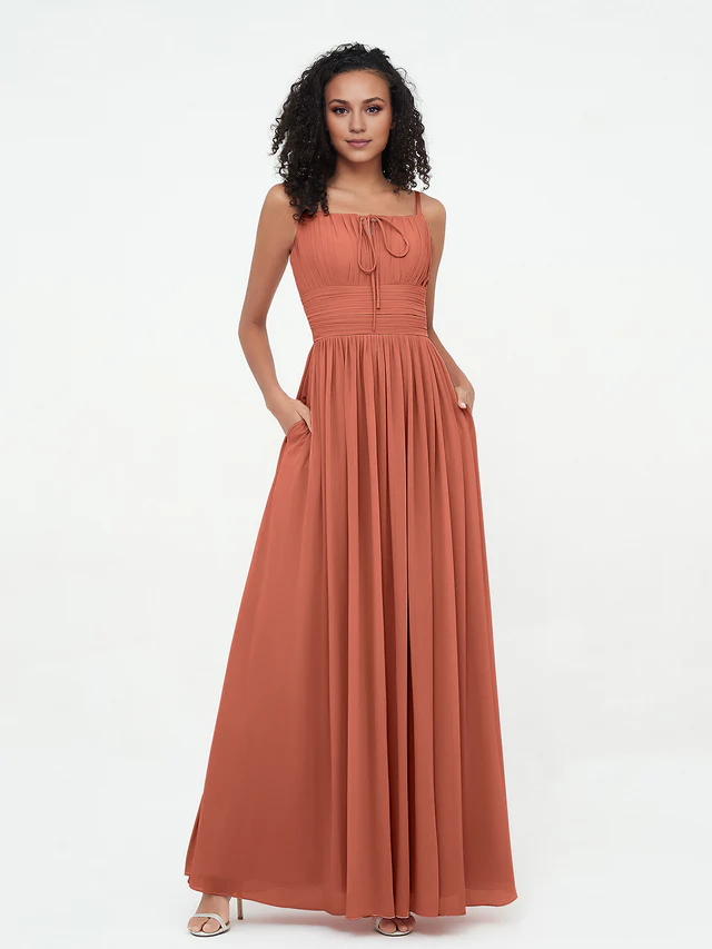 Chiffon Spaghetti-Strap Ruched Bodice Pocketed A-Line Floor-Length Bridesmaid Dresses