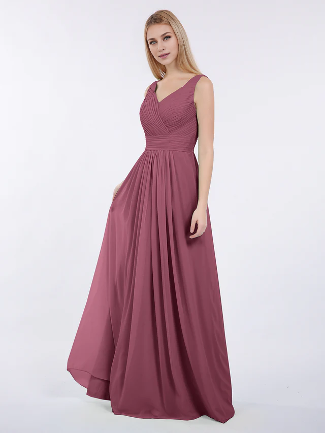 Chiffon Spaghetti-Strap V-Neck Ruched Bodice A-Line Floor-Length Bridesmaid Dresses
