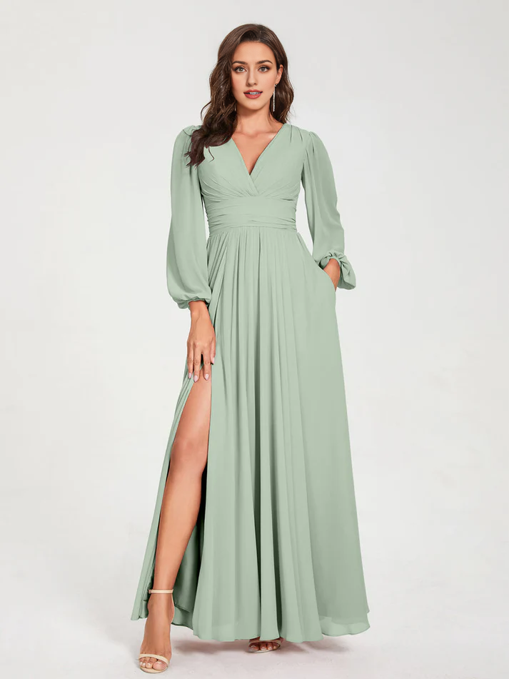 Chiffon Puff-Sleeve V-Neck Ruched Bodice High-Slit A-Line Floor-Length Bridesmaid Dresses