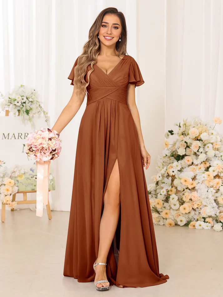 Chiffon Short-Sleeve V-Neck Ruched Bodice High-Slit A-Line Floor-Length Dusty Rose Bridesmaid Dresses