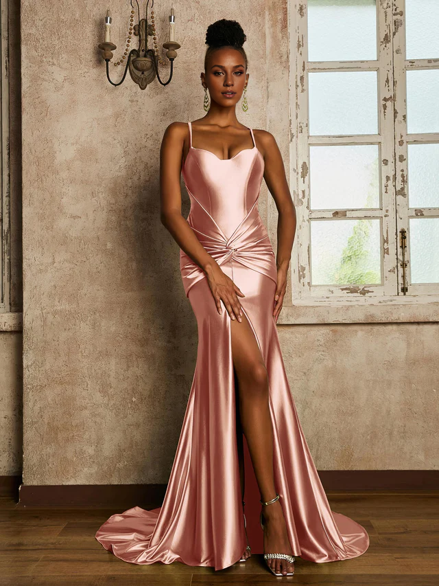 Satin Spaghetti-Strap Ruched Bodice High-Slit Sheath Train Floor-Length Bridesmaid Dresses