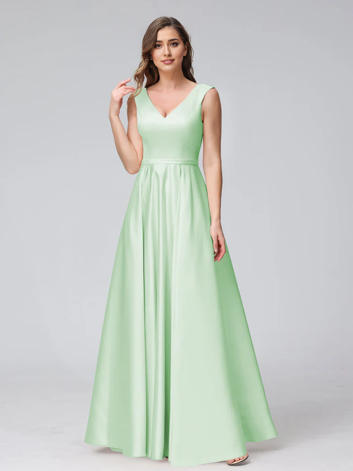 Satin V-Neck Sleeveless A-Line Floor-Length Elegant Bridesmaid Dress