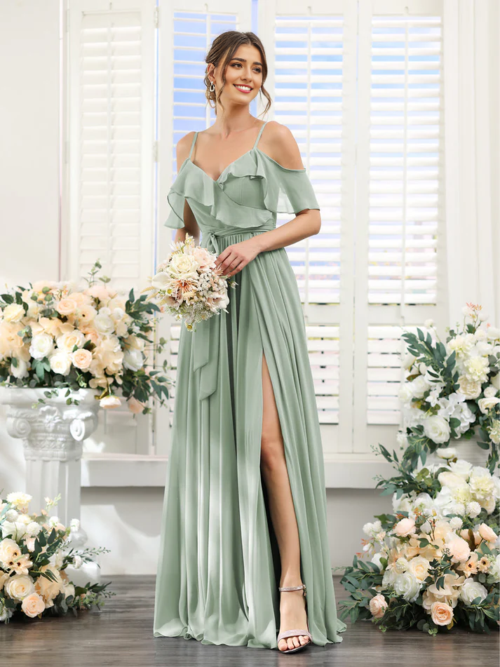Chiffon Off-the-Shoulder Short-Sleeve Ruched Bodice High-Slit A-Line Floor-Length Elegant Bridesmaid Dress