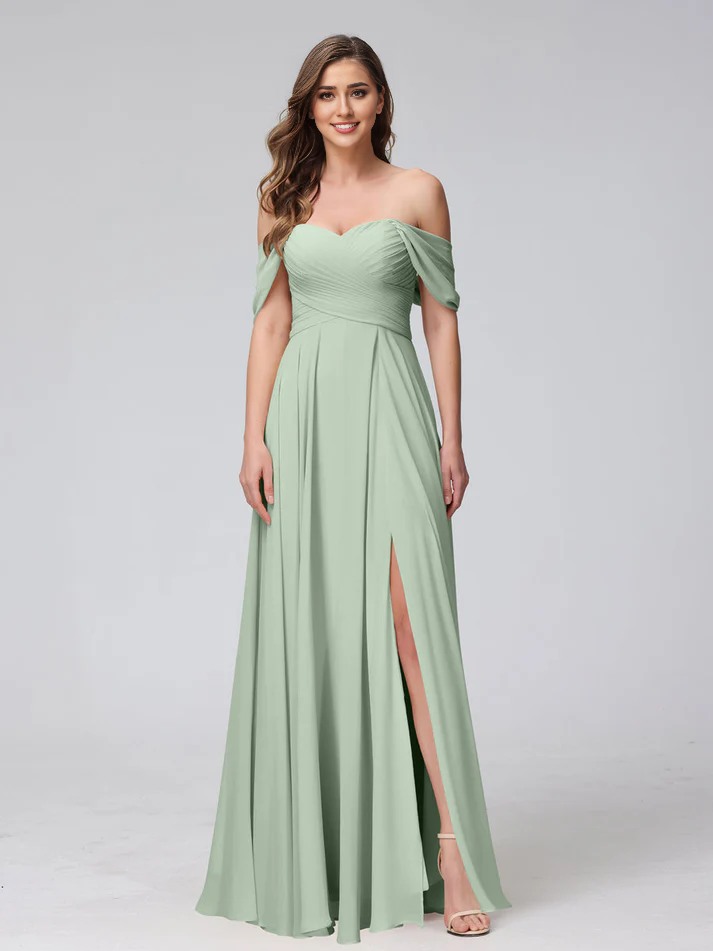Chiffon Off-the-Shoulder Short-Sleeve Ruched Bodice High-Slit A-Line Floor-Length Elegant Bridesmaid Dress