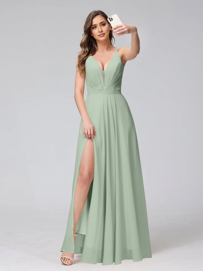 Chiffon Spaghetti-Strap V-Neck Ruched Bodice High-Slit A-Line Floor-Length Romantic Bridesmaid Dress