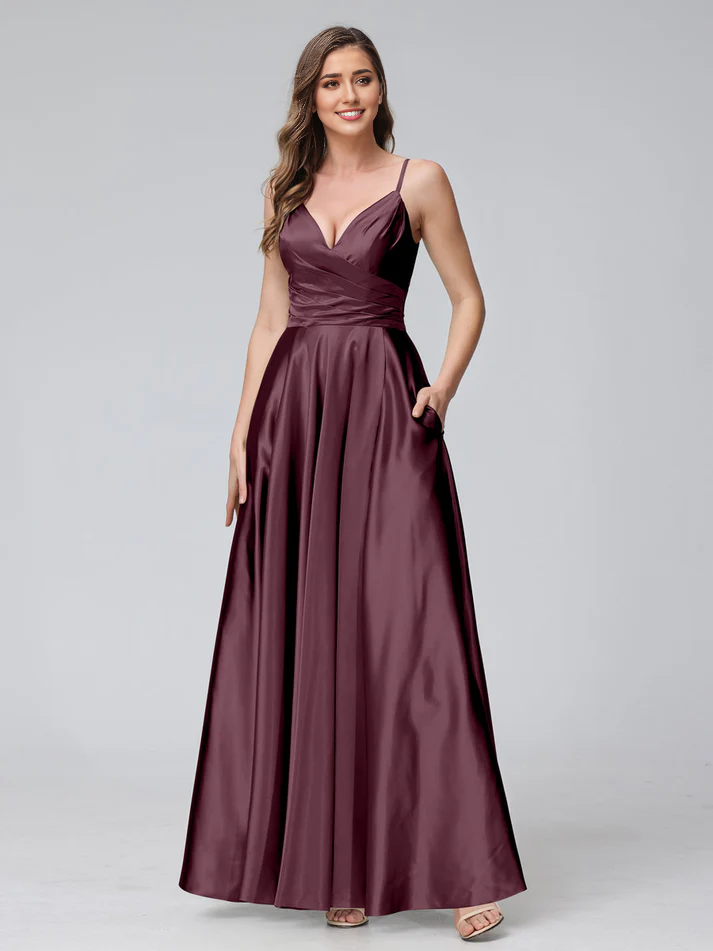 Satin Spaghetti-Strap Sweetheart Neckline Ruched Side A-Line Floor-Length Elegant Bridesmaid Dress