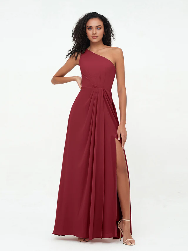 Chiffon One-Shoulder Ruched Bodice High-Slit A-Line Floor-Length Bridesmaid Dresses