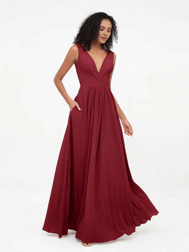 Chiffon Spaghetti-Strap Deep V-Neck Pocketed A-Line Floor-Length Bridesmaid Dresses